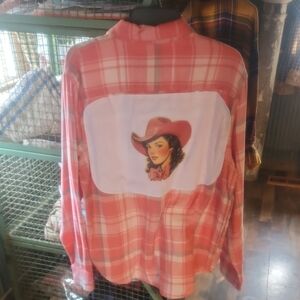 Pink Plaid Western Shirt with Cowgirl Graphics